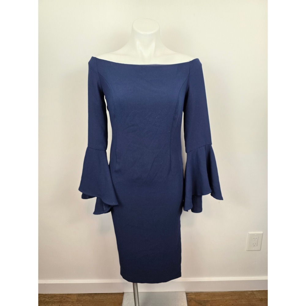 Bardot Navy Blue Off the Shoulder Bell Sleeve Sheath Dress Size 6 S 36183DB